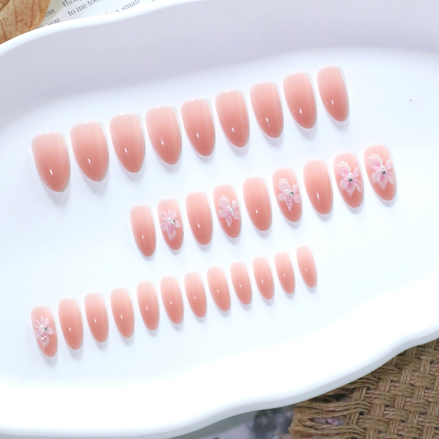 Blossoming Beauty Medium Almond Pink Nail Set with Elegant Floral Accents