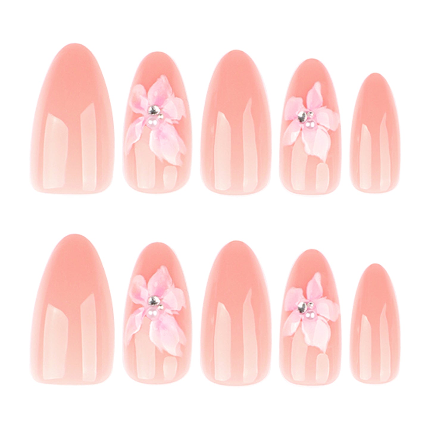 Blossom Elegance Medium Almond Pink Press-On Nail Set with Floral Decoration and Sparkling Accent