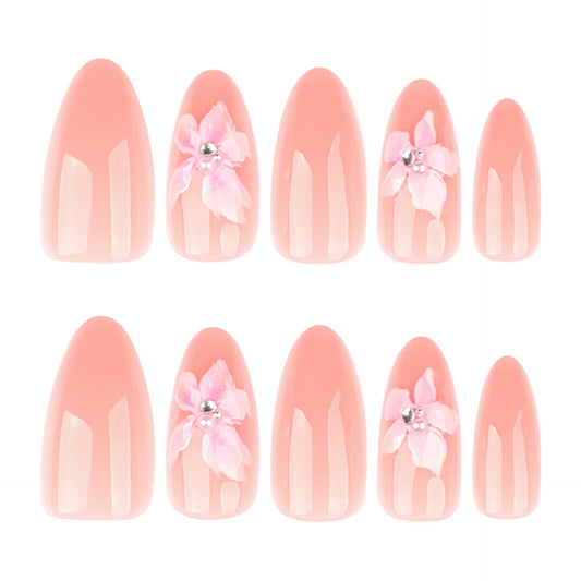 Blossom Elegance Medium Almond Pink Press-On Nail Set with Floral Decoration and Sparkling Accent