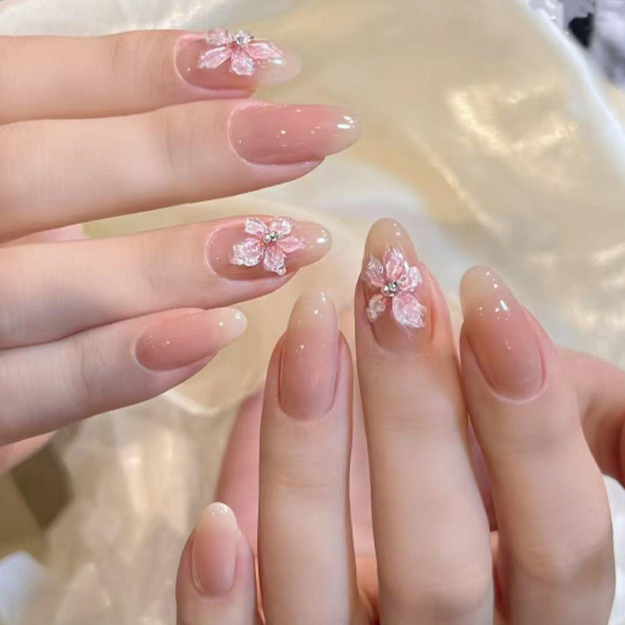 Blossom Beauty Medium Almond Pink Ombré with Floral Accents Nail Set