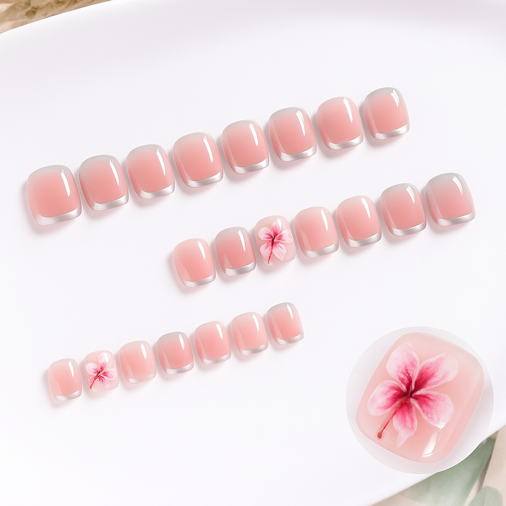 Tropical Bliss Short Square Shaped Soft Pink Press On Nail Set with Elegant Floral Accents