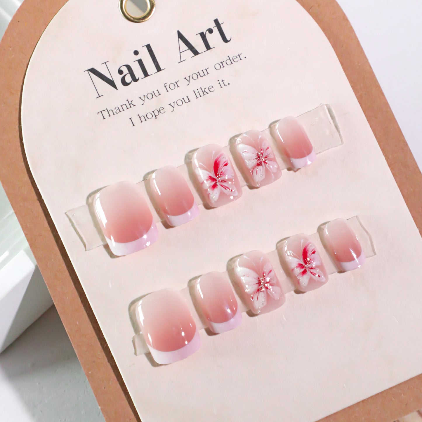 Enchanting Blossom Press-On Nail Set in Short Square Blush Pink with Elegant Floral Accents