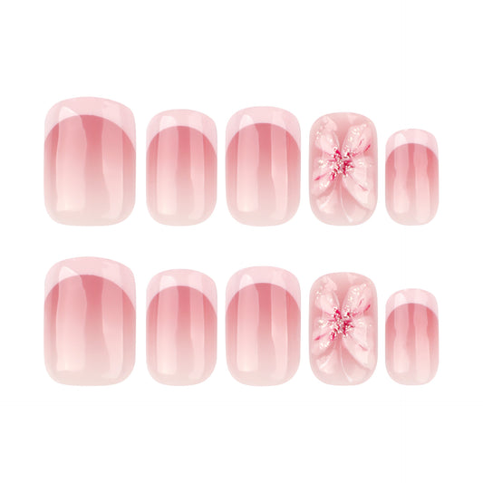 Blossoming Serenity Short Squoval Glossy Pink Floral Accent Press On Nail Set