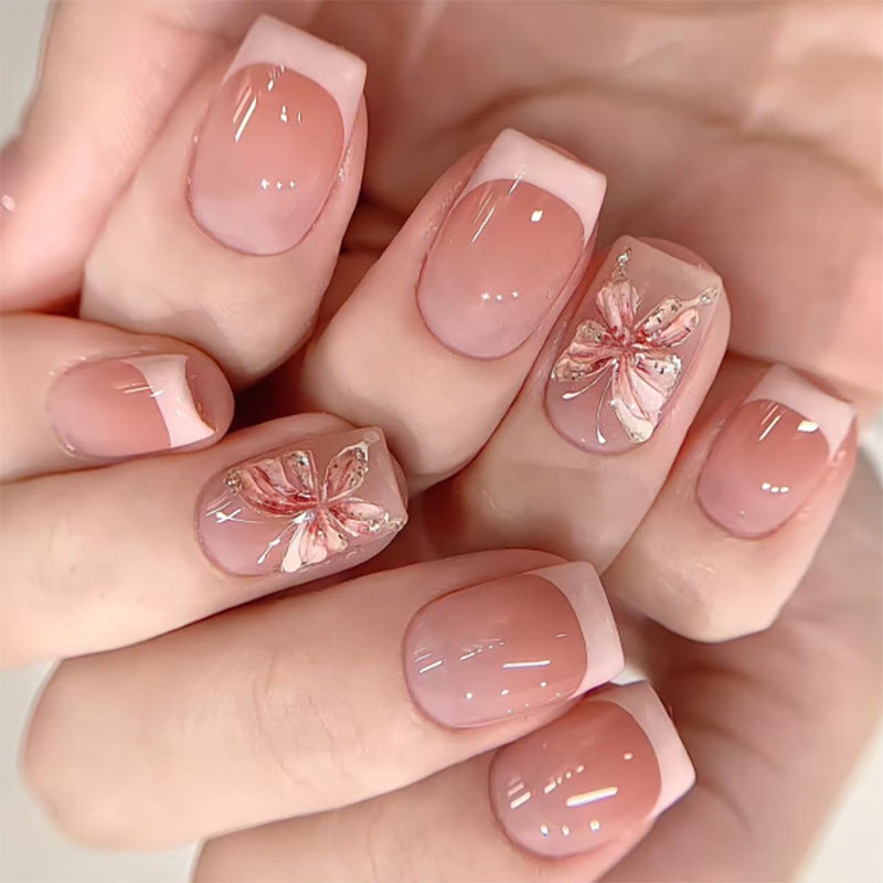 Blossoming Elegance Medium Square Pink Press On Nail Set with Floral Accent