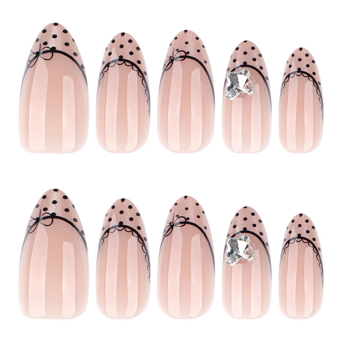 Chic Elegance Medium Almond Pink with Polka Dots and Gemstone Accent Press on Nail Set