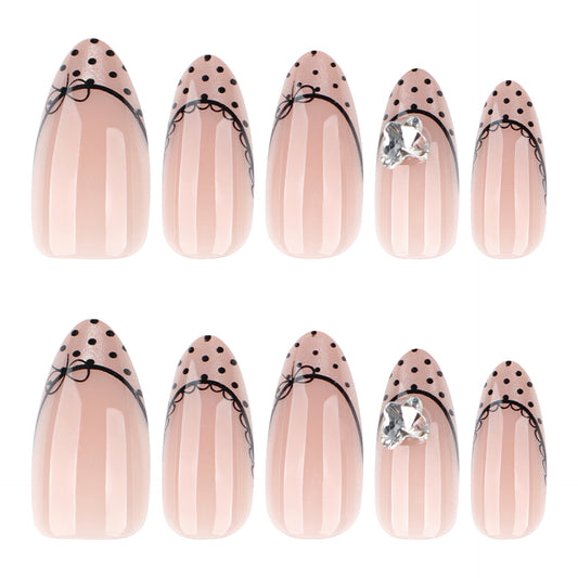Chic Elegance Medium Almond Pink with Polka Dots and Gemstone Accent Press on Nail Set