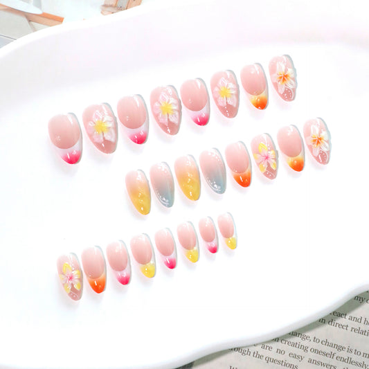 Tropical Blossom Medium Almond Pink Gradient Press On Nail Set with Floral Design