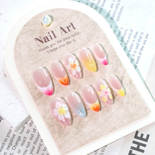 Tropical Bliss Medium Almond Pastel Gradient with Floral Accents Press on Nail Set