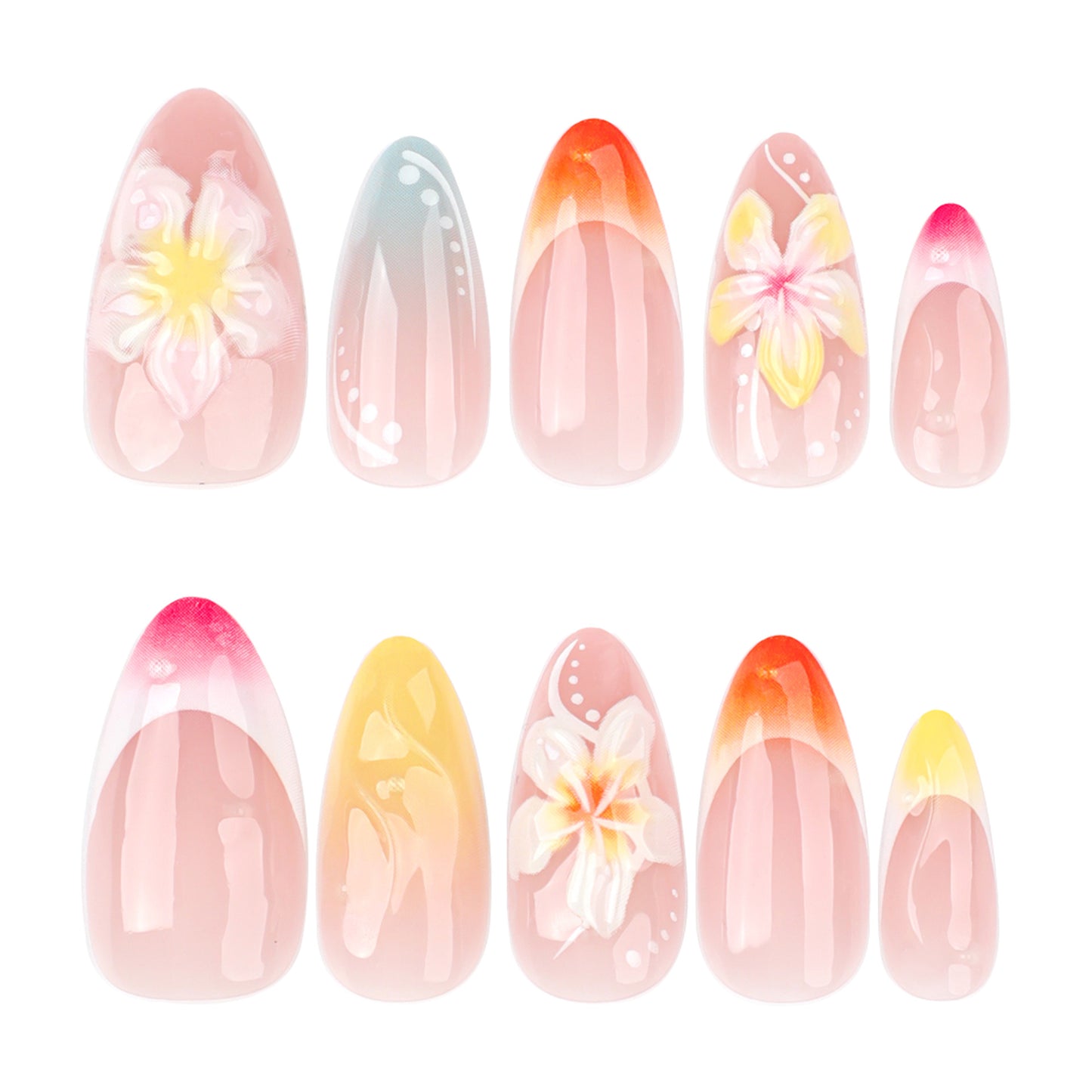 Tropical Blossom Dream Medium Almond Shaped Pink Ombre Press On Nail Set with Floral Accents