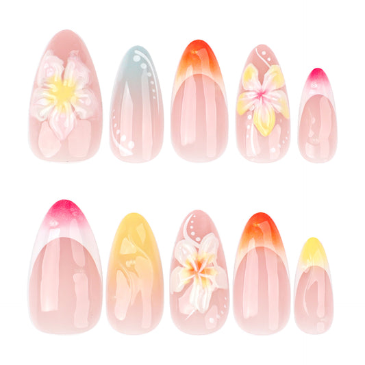 Tropical Blossom Dream Medium Almond Shaped Pink Ombre Press On Nail Set with Floral Accents