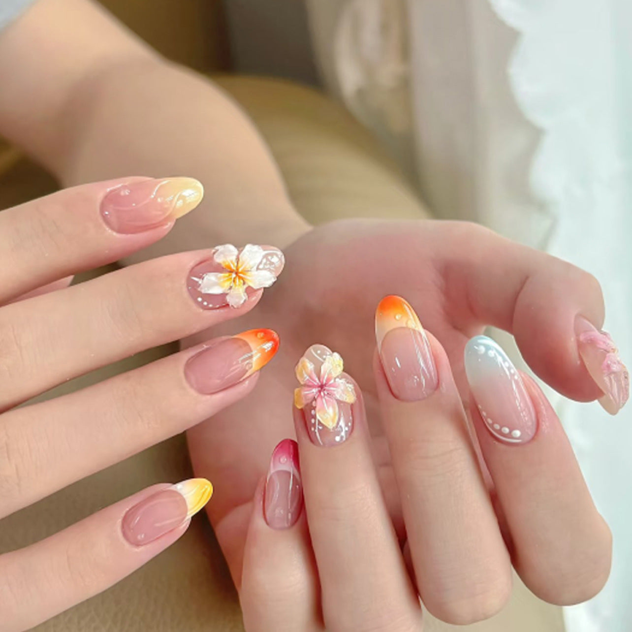 Tropical Paradise Medium Almond Gradient Peach with Floral Accents Press On Nail Set