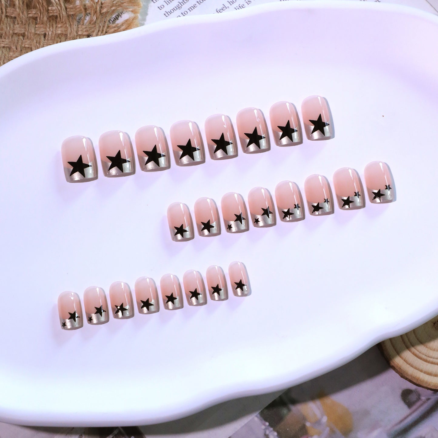 Cosmic Chic Short Square Press On Nail Set in Pastel Pink with Star Accents and Metallic Tips