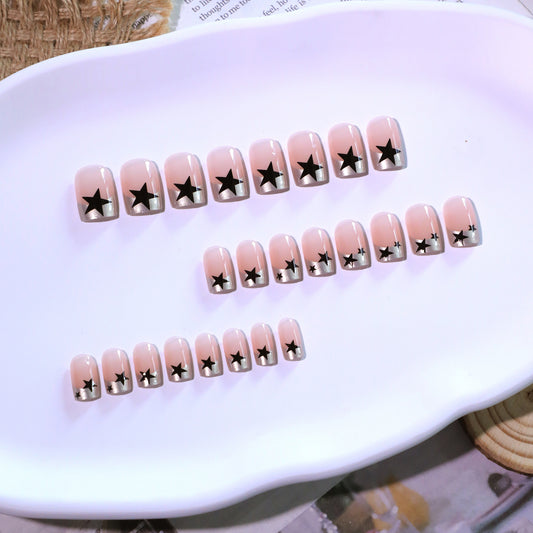 Cosmic Chic Short Square Press On Nail Set in Pastel Pink with Star Accents and Metallic Tips