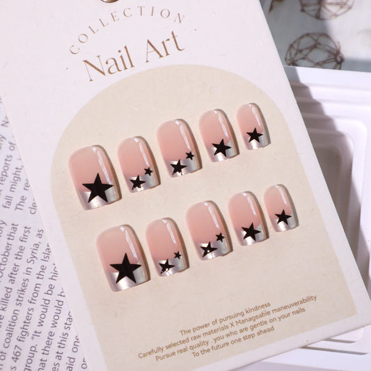 Celestial Dream Press-On Nail Set Medium Square Blush Pink with Silver Star Accents