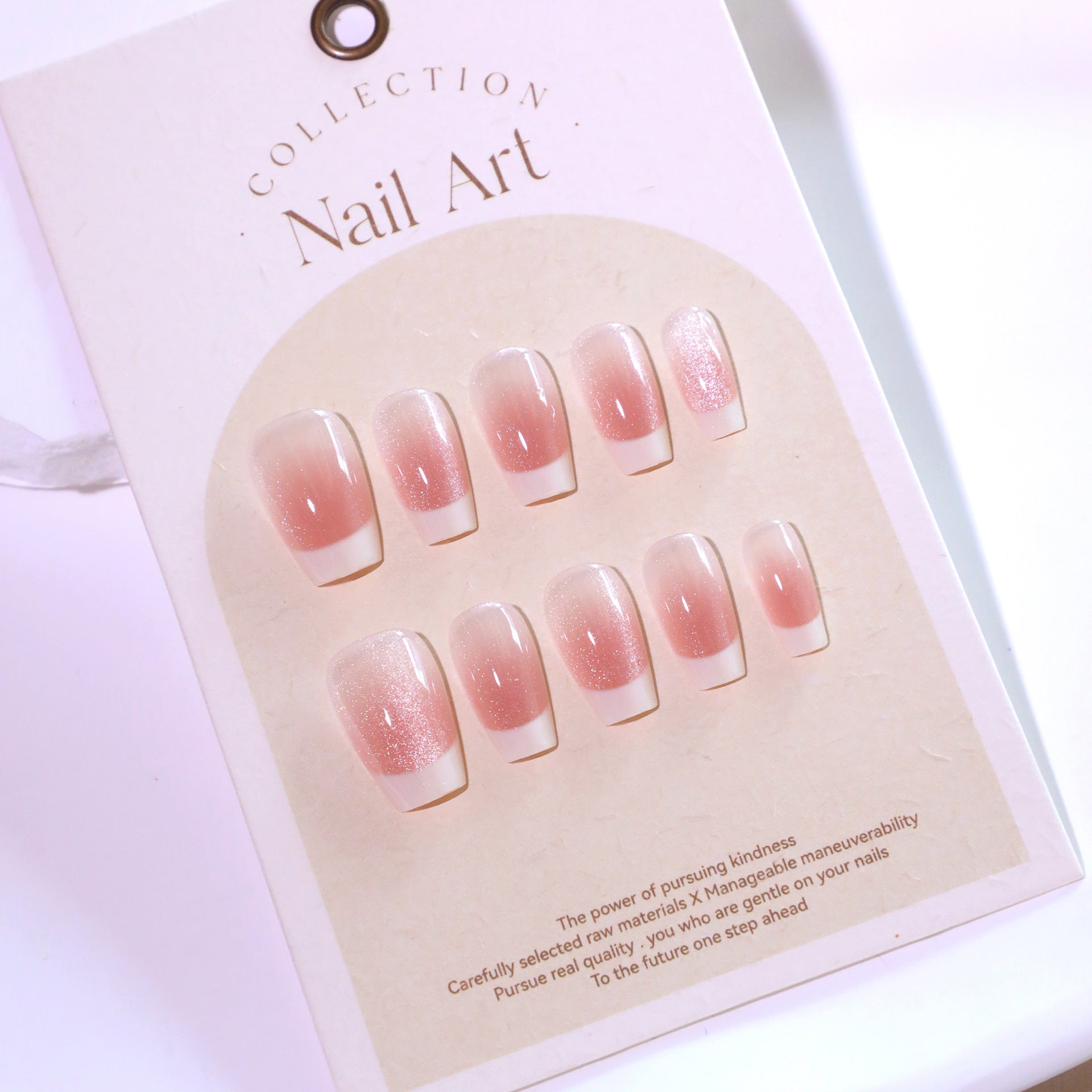 Set of gradient nail art on a display card with 'Collection' branding.