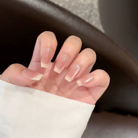 Glamorous Elegance Medium Square Beige with Shimmering French Tips Press on Nail Set