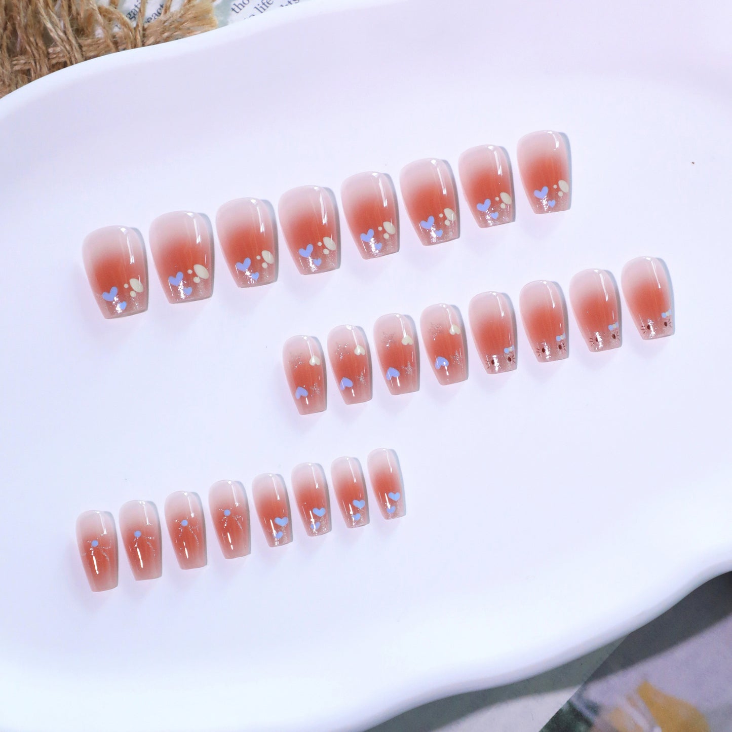 Elegant Blossom Glamour Press-On Nail Set in Medium Coffin Brown with Floral Accents