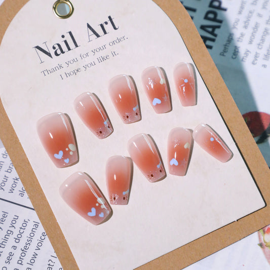 Blush Serenity Stylish Medium Coffin Press-On Nail Set in Ombre Peach with Charming Heart Accents