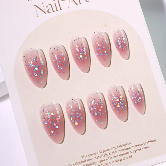 Whimsical Elegance Short Almond Pink Sparkle Press-On Nail Set with Glitter Hearts