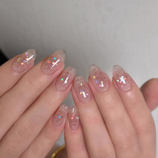 Glamorous Dreamy Short Almond Shaped Transparent Glitter Press On Nail Set with Iridescent Sparkles