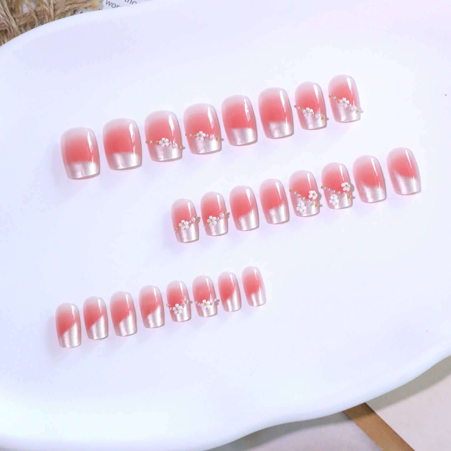 Blossom Elegance Medium Square Pink Ombre Press On Nail Set with Delicate Floral Accents