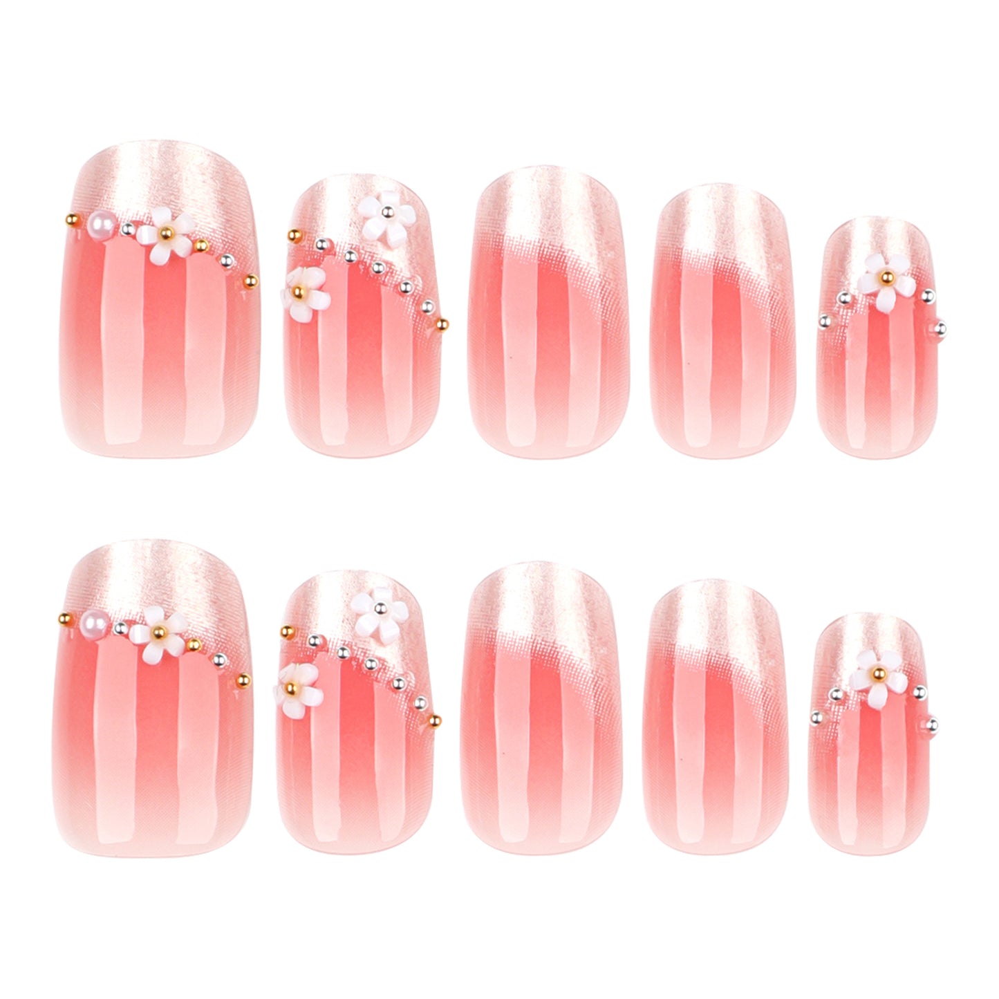 Blossoming Elegance Medium Square Pink Ombre Design with Floral and Pearl Accents Press-On Nail Set