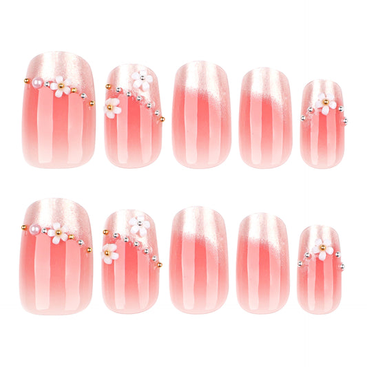 Blossoming Elegance Medium Square Pink Ombre Design with Floral and Pearl Accents Press-On Nail Set