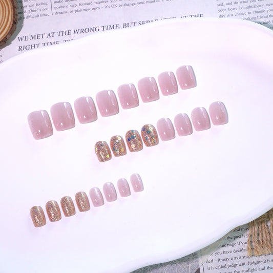 Glamorous Evening Bliss Short Square Soft Pink with Glitter Accent Press On Nail Set