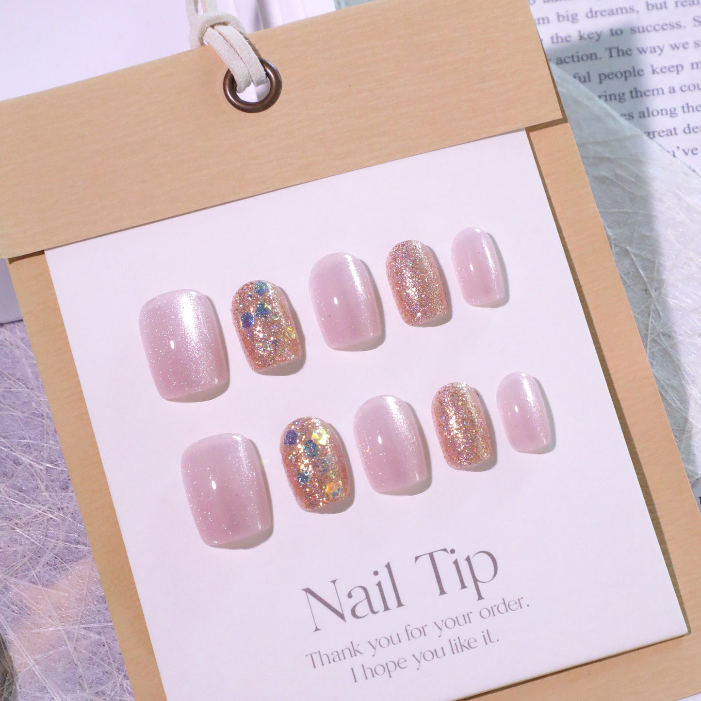 Whimsical Elegance Glossy Pink Short Square Shaped Press on Nail Set with Dazzling Glitter Accents