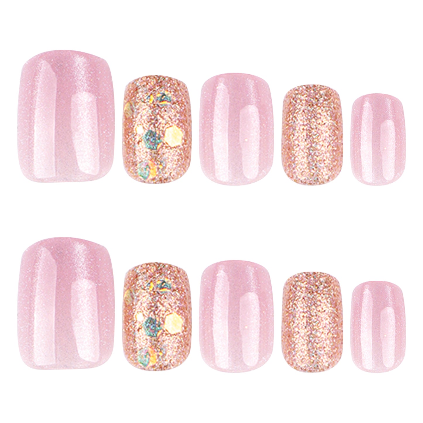 Blushing Blossom Elegant Short and Square Pink Glitter Press on Nail Set with Multicolor Floral Accents