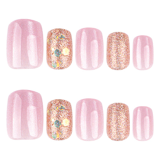 Blushing Blossom Elegant Short and Square Pink Glitter Press on Nail Set with Multicolor Floral Accents
