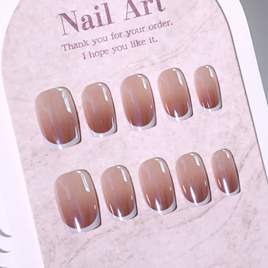 Elegant Sunrise Gradient Medium Square Press-On Nail Set in Soft Beige Featuring a Glimmering Finish