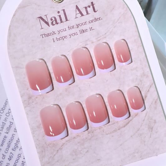 Blush Elegance Medium Square Pink Ombre Press On Nail Set with Elegant White Tips