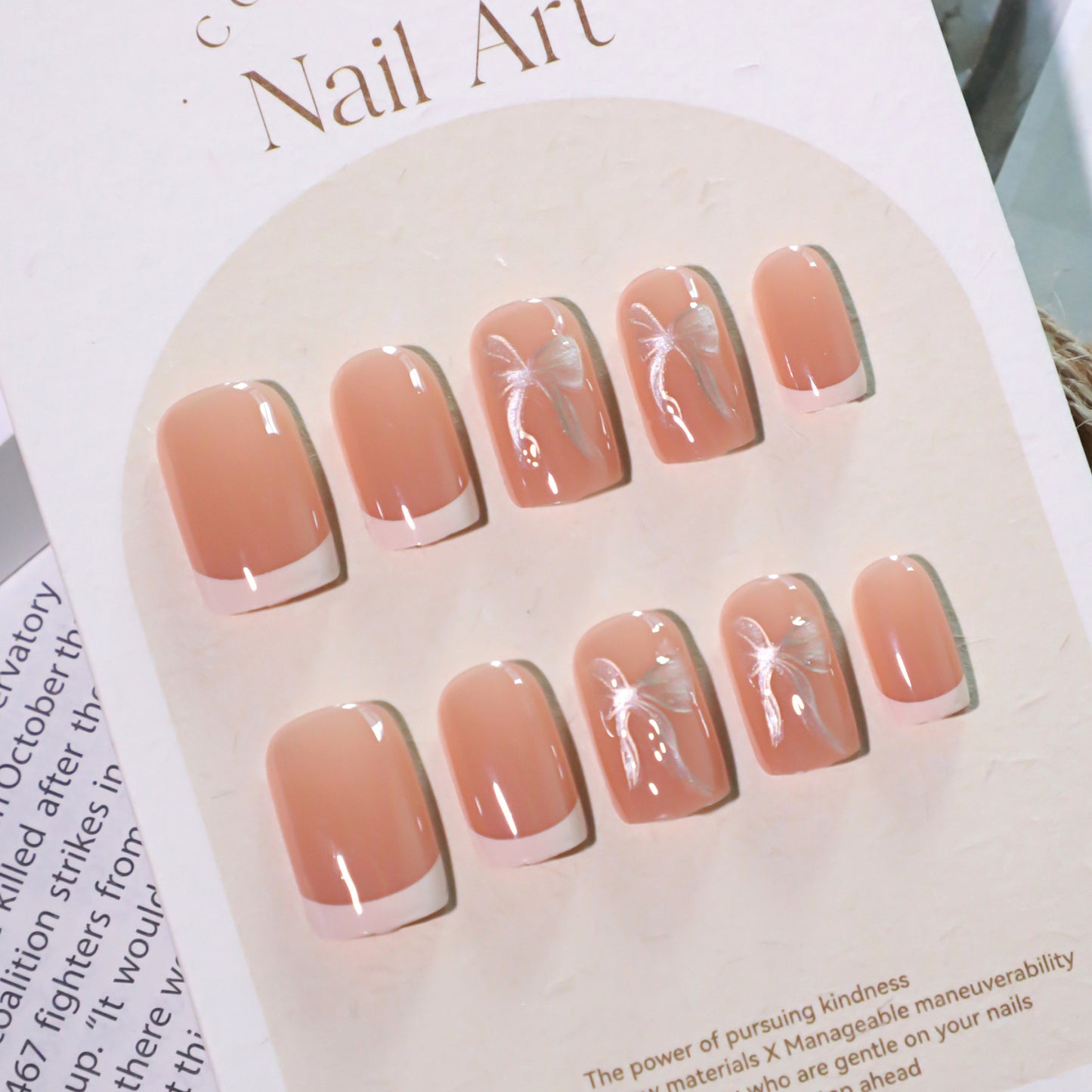 Serenity Blossom Medium Square Pink French Press On Nail Set with Elegant Floral Accents