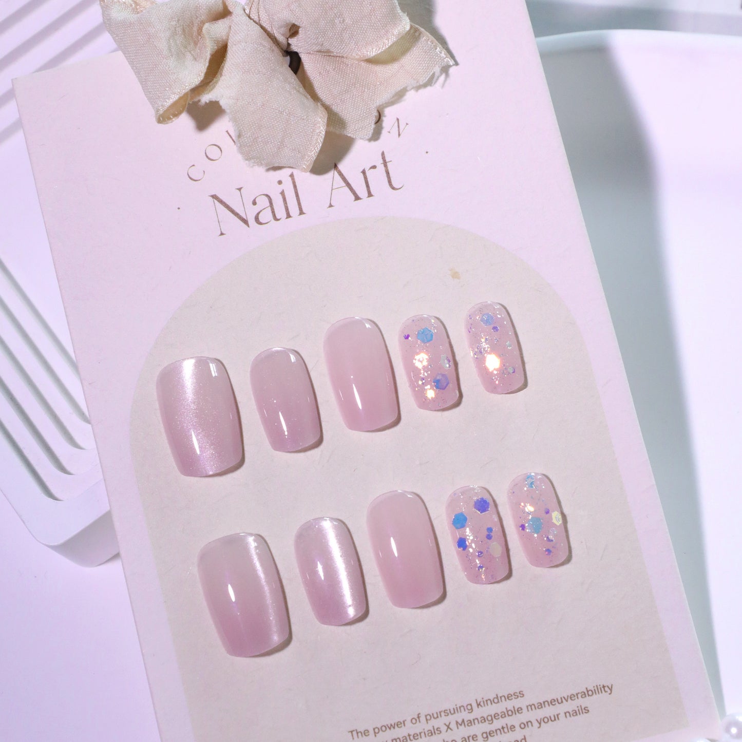 Whimsical Elegance Medium Square Soft Pink with Iridescent Glitter Accents Nail Set
