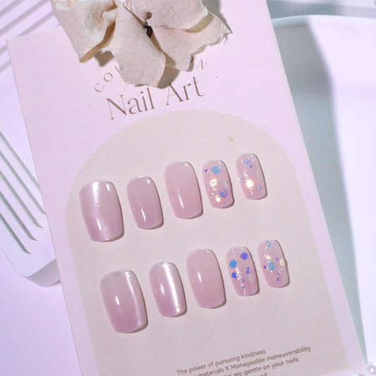 Whimsical Elegance Medium Square Soft Pink with Iridescent Glitter Accents Nail Set