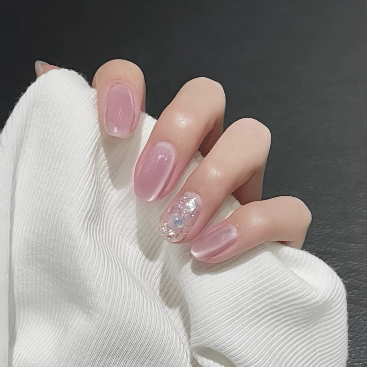 Dreamy Elegance Long Oval Pink Press On Nails with Dazzling Glitter Accent