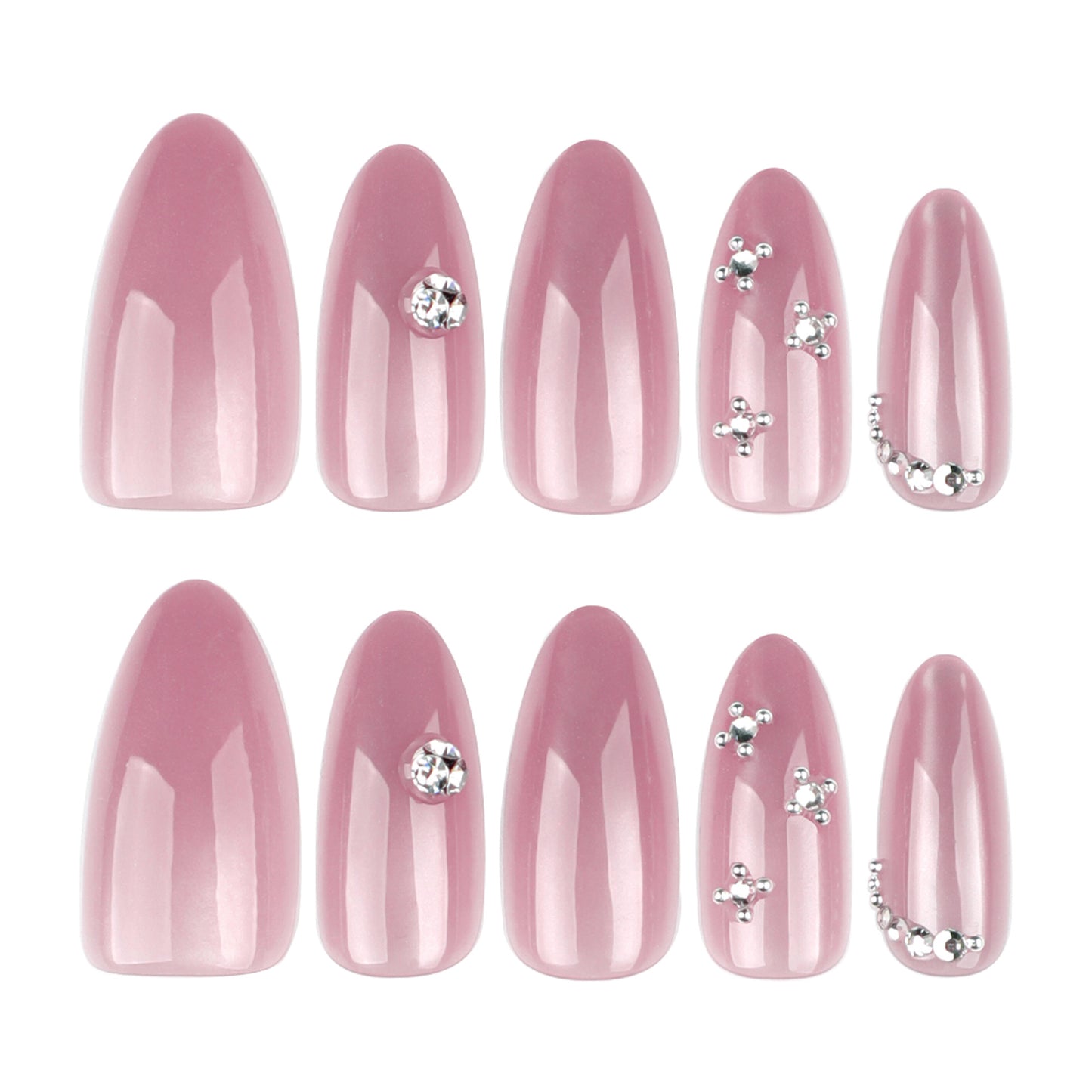 Glamorous Elegance Pink Long Almond Shaped Press On Nail Set with Sparkling Rhinestone Accents
