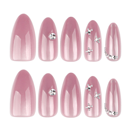 Glamorous Elegance Pink Long Almond Shaped Press On Nail Set with Sparkling Rhinestone Accents