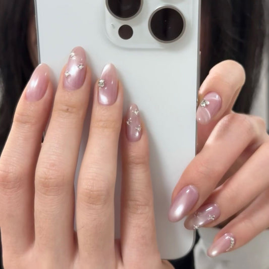 Glamorous Romance Long Almond Soft Pink with Sparkling Rhinestone Accents Press On Nail Set