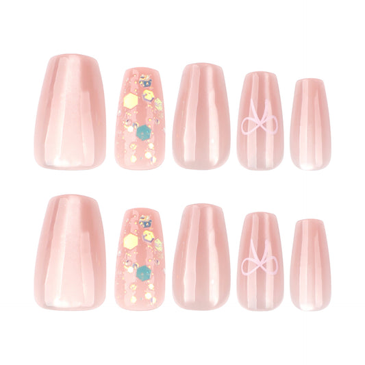 Whimsical Blossom Medium Coffin Blush Pink Press On Nail Set with Dazzling Glitter Accents and Charming Bow Design