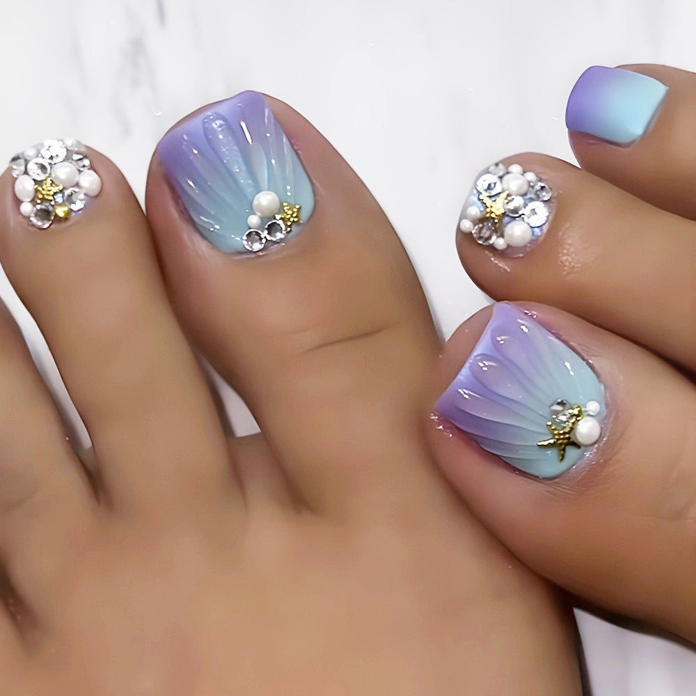 Ocean Breeze Short Square Ombre Lavender Press On Nail Set with Rhinestone Shell Accents