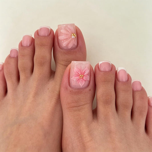 Floral Delight Short Square Soft Pink Press On Toenail Set with Elegant Floral Design