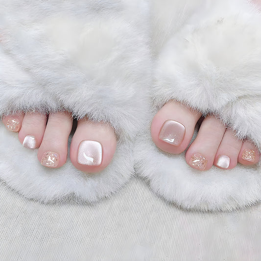 Cozy Winter Magic Square Short Shimmering Rose Gold Glitter Press On Toenail Set
