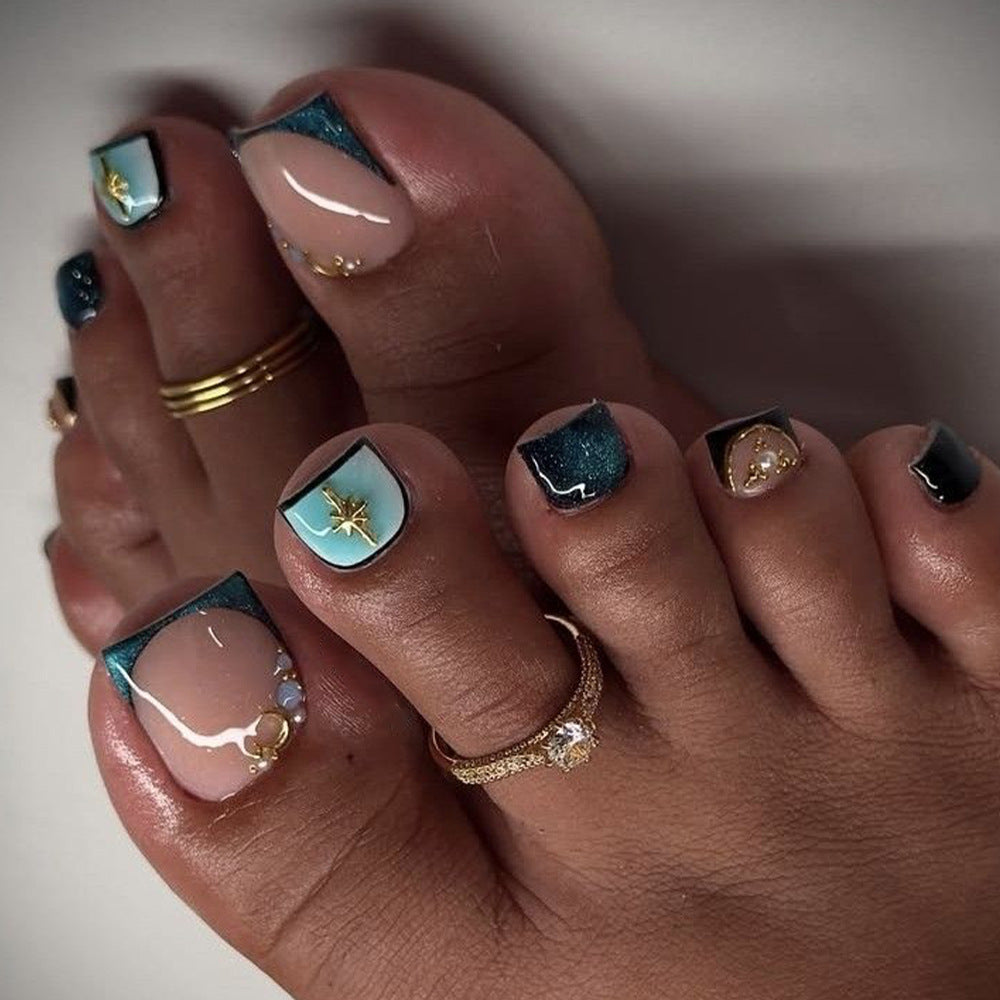 Ocean Breeze Short Square Teal with Glitter Design Press On Toenail Set