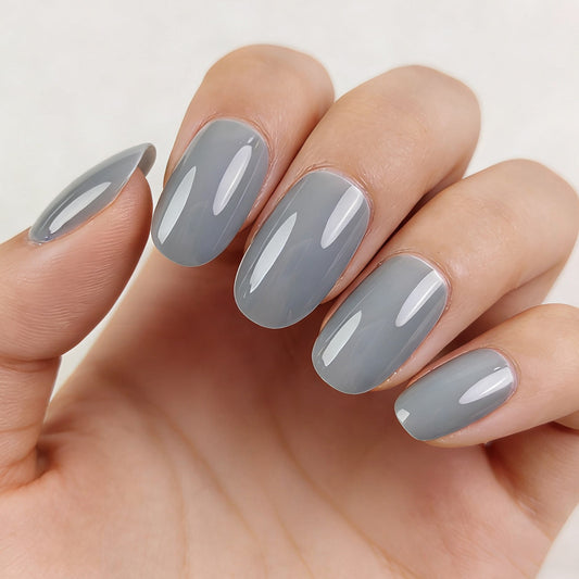 Mystic Gray Elegance Medium Oval Shape Stunning Glossy Finish Press-On Nail Set