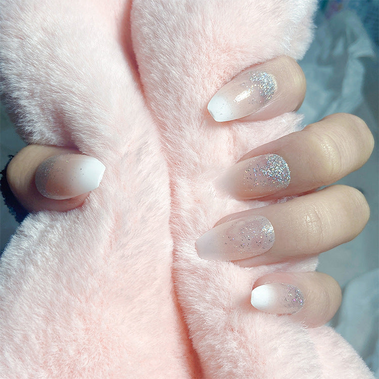 Dreamy Elegance Long Coffin White Gradient with Sparkling Glitter Press On Nail Set