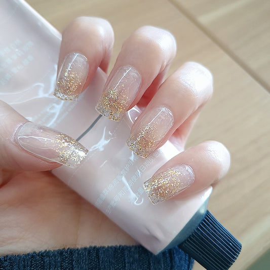 Glamorous Gold Stardust Long Square Clear Press On Nail Set with Sparkling Glitter Finish