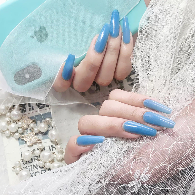 Serenity Sky Long Almond Shaped Glossy Blue Press On Nail Set with Mirror Finish
