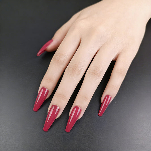 Glamorous Enchantment Long Coffin Burgundy Glossy Press On Nail Set with Unique Design